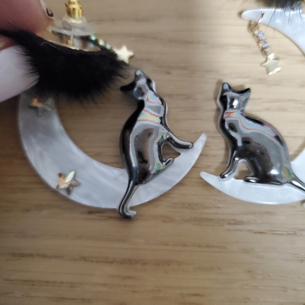 Black Cat Pom Pom Gothic Celestial Moon And Stars Earrings - Picture 2 of 7